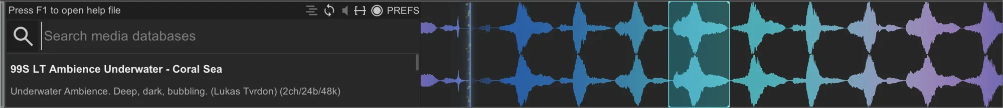 nvk_CREATE docked, with the search box on the left and the last 20 seconds of Reaper's output as a waveform on the right, one part of it selected