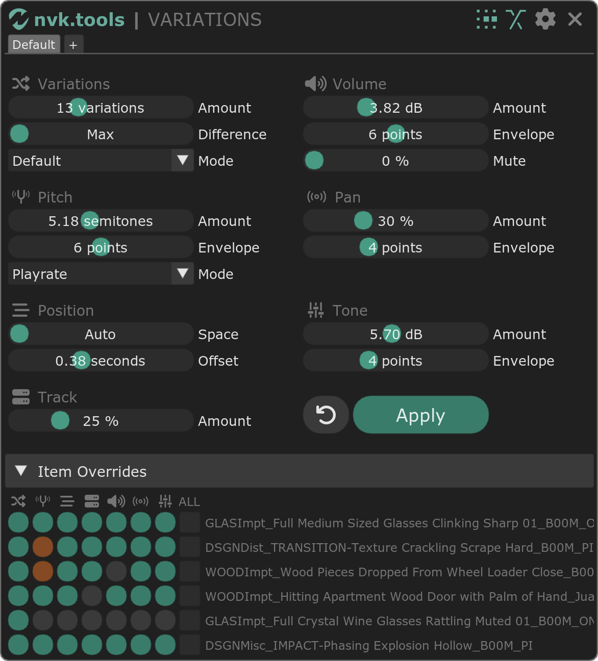 The nvk_VARIATIONS window set to 13 variations with pitch, volume, pan, tone, offset, and track randomization, and Item Overrides open with a row of toggles for each of six selected items