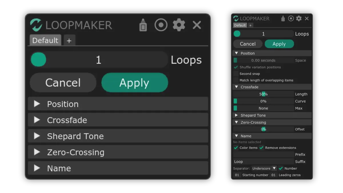 The nvk_LOOPMAKER 2 window with Loops, Cancel, Apply, and its collapsed sections, next to the same window with Position, Crossfade, Zero-Crossing, and Name open