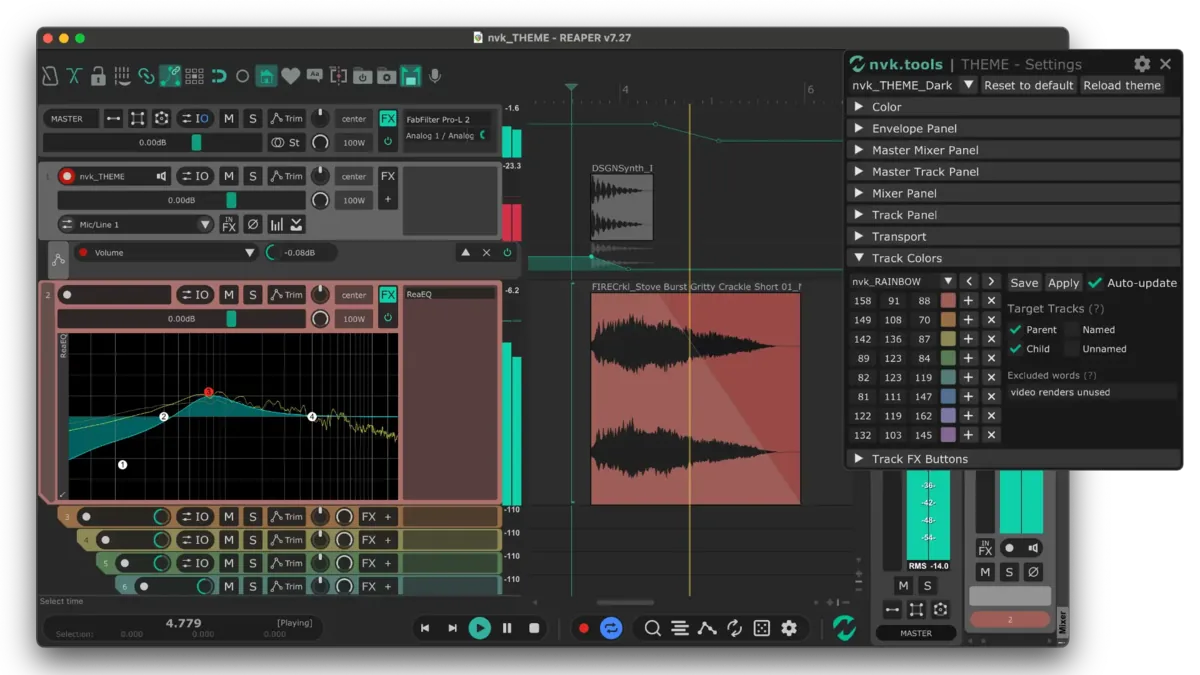 Reaper with nvk_THEME: colored tracks, ReaEQ embedded in a track panel, and the nvk_THEME - Settings window open on Track Colors